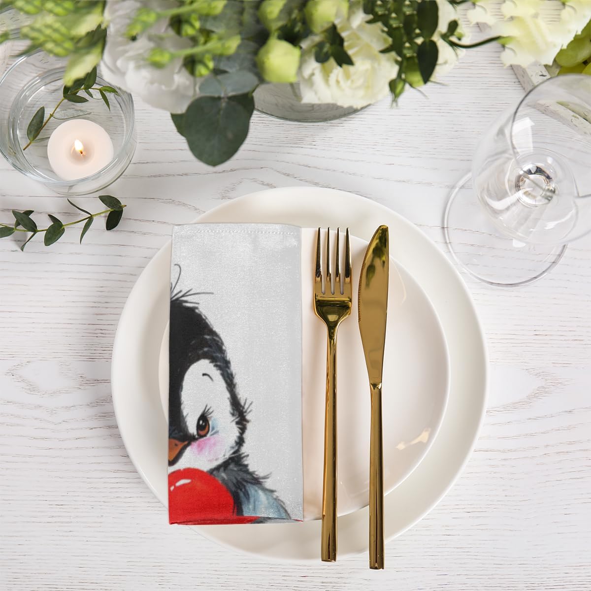 Cloth Napkins Set of 4 Cute Penguin Love Heart 20×20 Inch Cloth Napkins Penguin Pattern Washable Reusable Kitchen Dinner Napkins Table Decor for