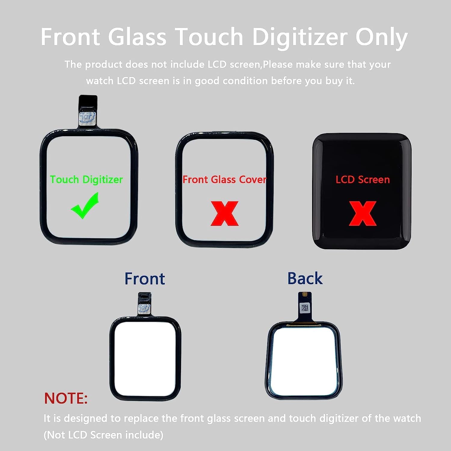 Reemplazo de lente de cristal frontal y digitalizador táctil compatible con Apple Watch Series 5 de 1.575 pulgadas1.732 pulgadas (sin pantalla LCD)
