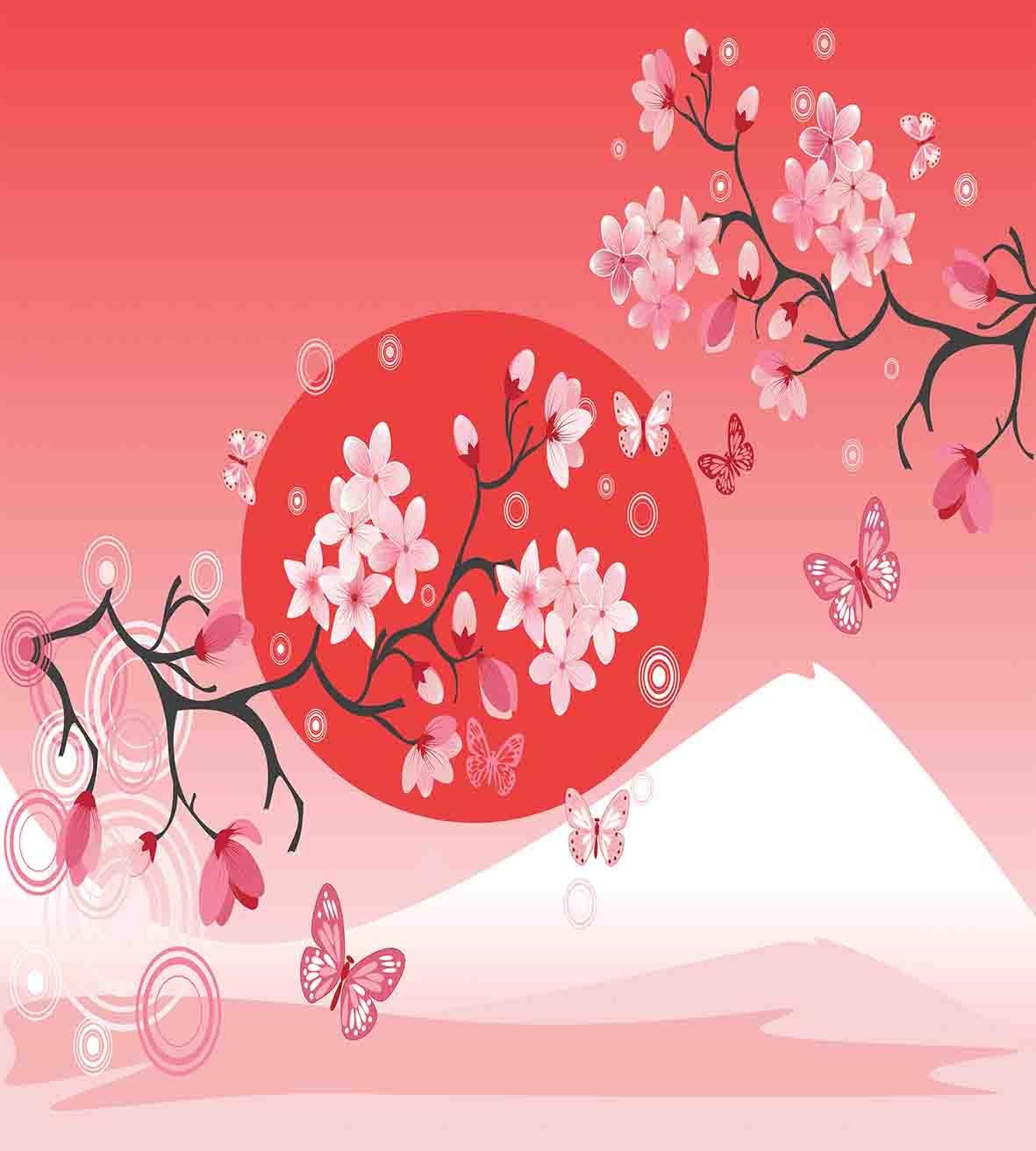 Ambesonne Juego de funda de edredón asiática, ramas de cereza japonesa sobre el sol con imagen de temporada de montaña reflejada en la colina, juego