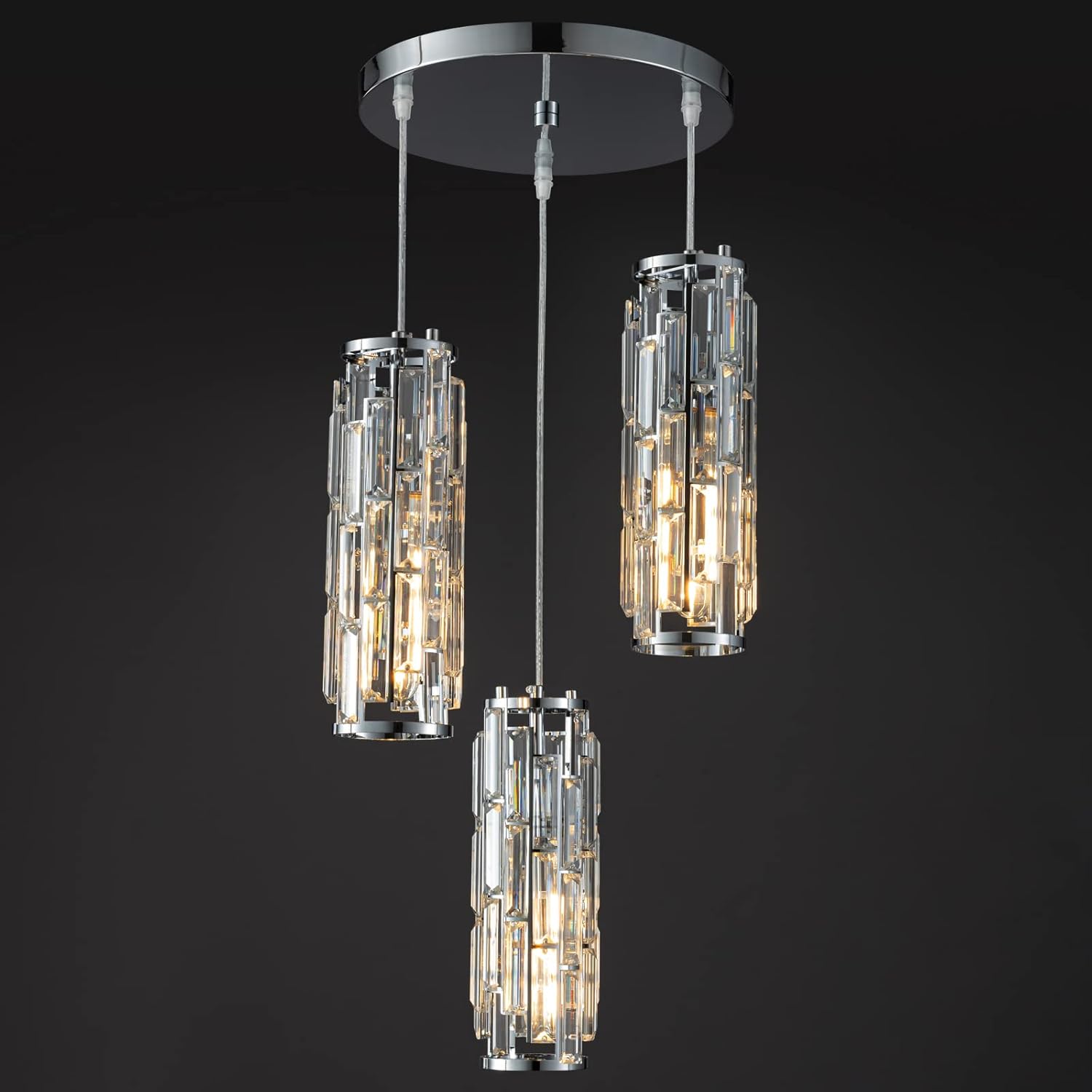 LMQNINE – 3 luces para iluminación colgante de cromo, lámpara colgante moderna, mini candelabros de cristal, lámpara colgante ajustable para cocina,