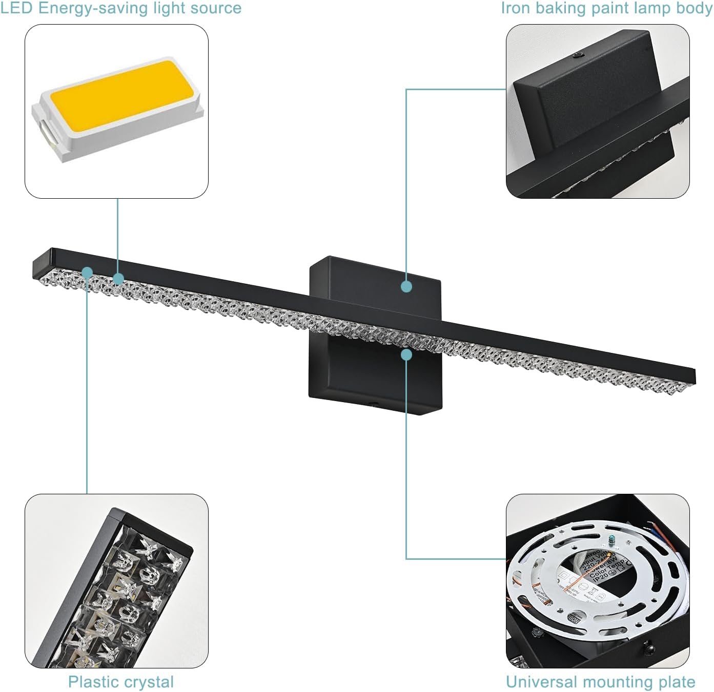 Lámparas modernas de tocador de 24 pulgadas, 12 W, color negro mate, lámpara LED para baño, lámpara de tocador para pared de baño, luz blanca fría,
