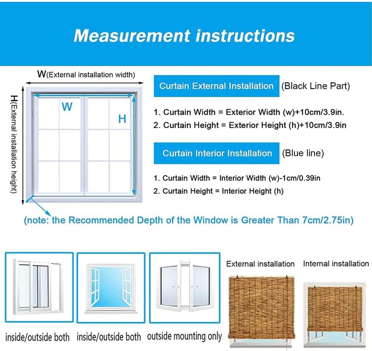 Persianas enrollables de caña para patio, 23 x 64 pulgadas, 36 x 64 pulgadas, 48 x 72 pulgadas, 60 x 72 pulgadas, 72 x 84 pulgadas, cortinas de