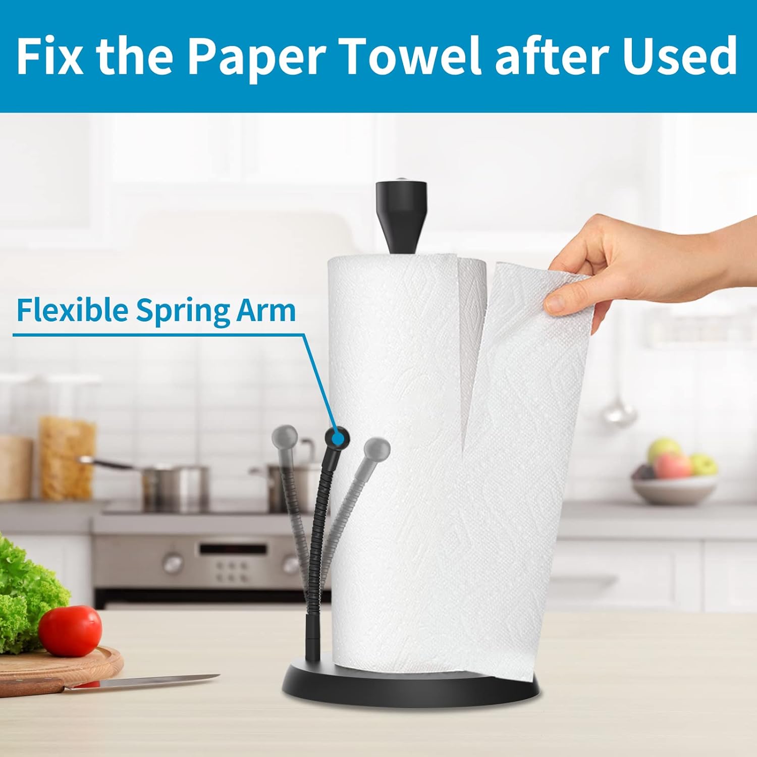 Toallero de papel negro multifunción para encimera con soporte para teléfono, soporte para toallas de papel fácil de rasgar con una mano con base