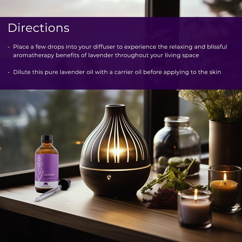 Aceite esencial de lavanda Scentinal  100% puro, natural y sin diluir  Botella extragrande de 4 onzas (4.1 fl oz) con cuentagotas  Experiencia
