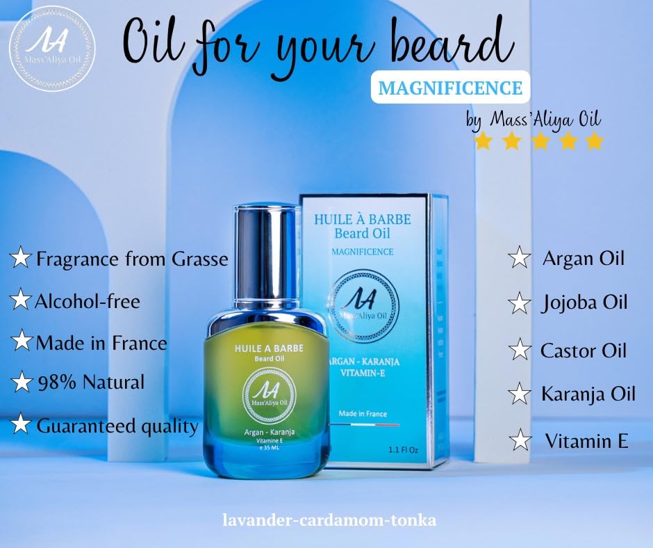 MASSALIYA ACEITE DE BARBA.Hecho en Francia. Crecimiento de barba, bigote y cabello.Cuidado de la piel, hidratación, protección.Argán, Jojoba, aceite