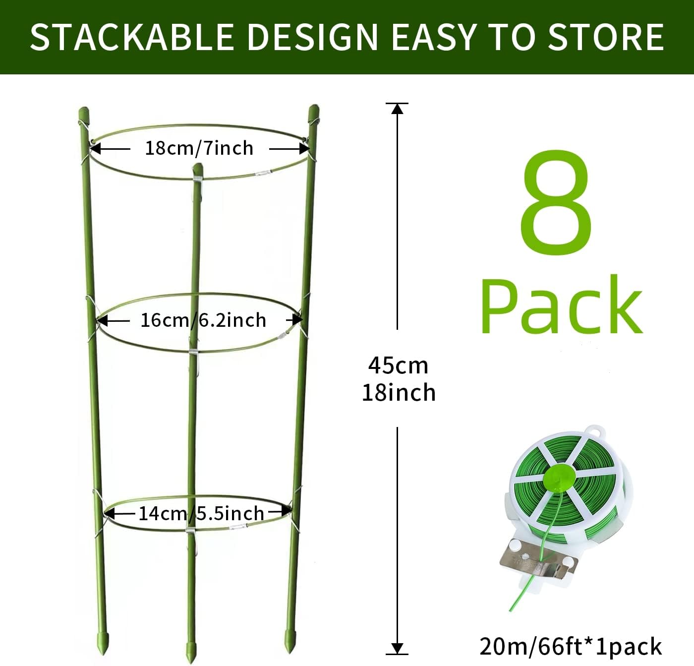 Paquete de 8 jaulas de tomate para soporte de plantas de jardín, jaulas pequeñas de tomate de 18 pulgadas con anillos ajustables, estacas para