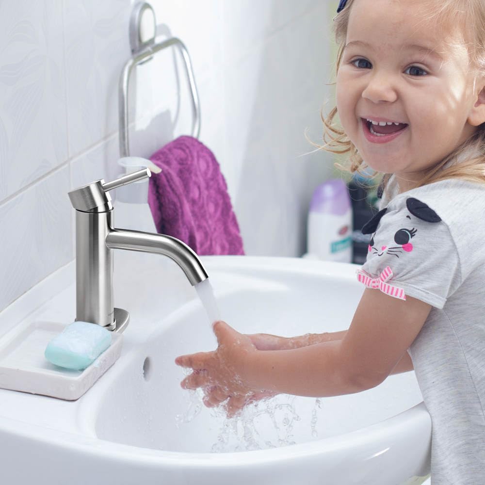 Aquaterior Grifo de baño de una sola manija para fregadero de baño, grifo de níquel con drenaje emergente para caravana, montaje en cubierta, 1