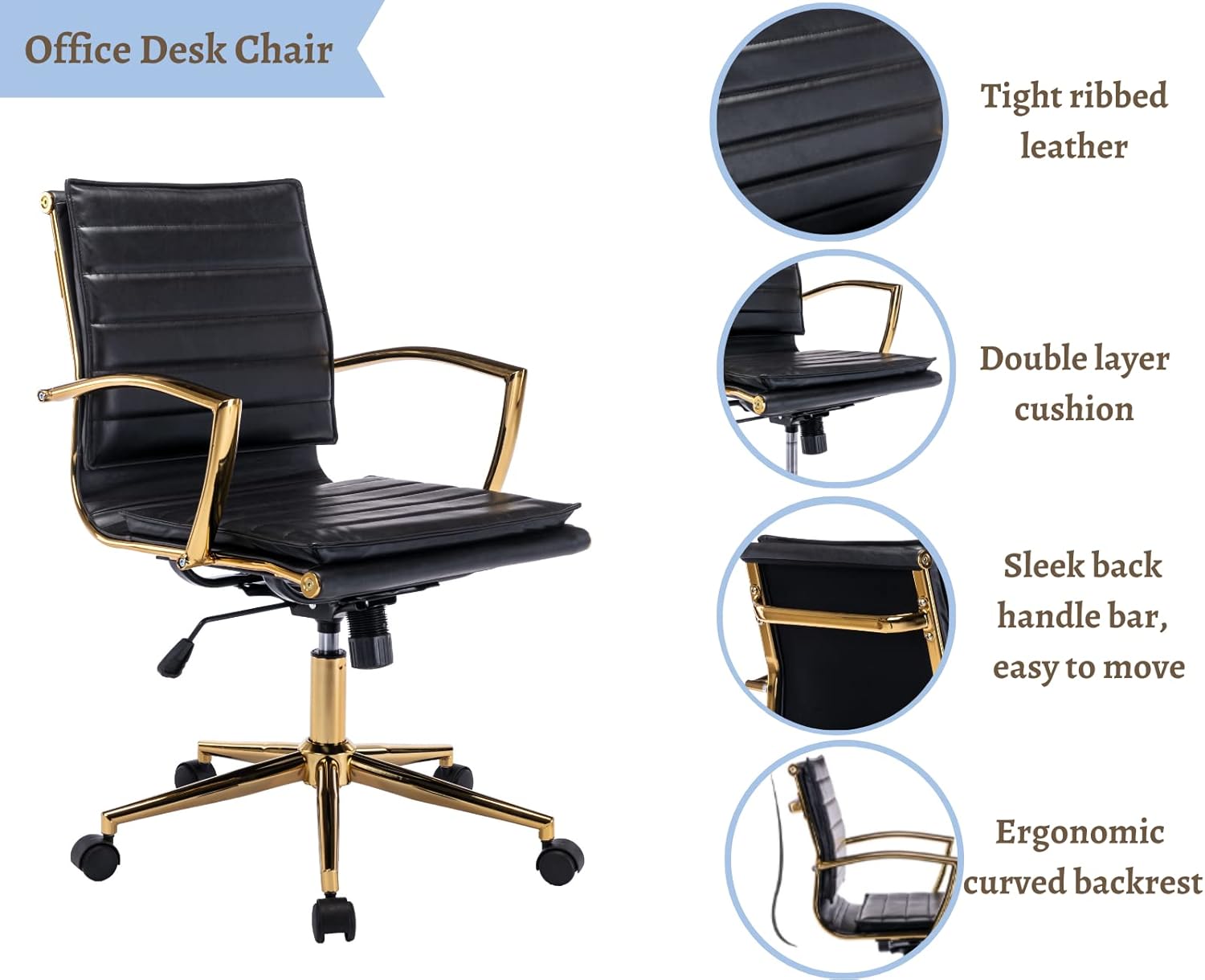 EALSON Silla de escritorio de cuero moderna, silla ergonómica de oficina con ruedas y brazos, base dorada, cómoda silla de trabajo para computadora,
