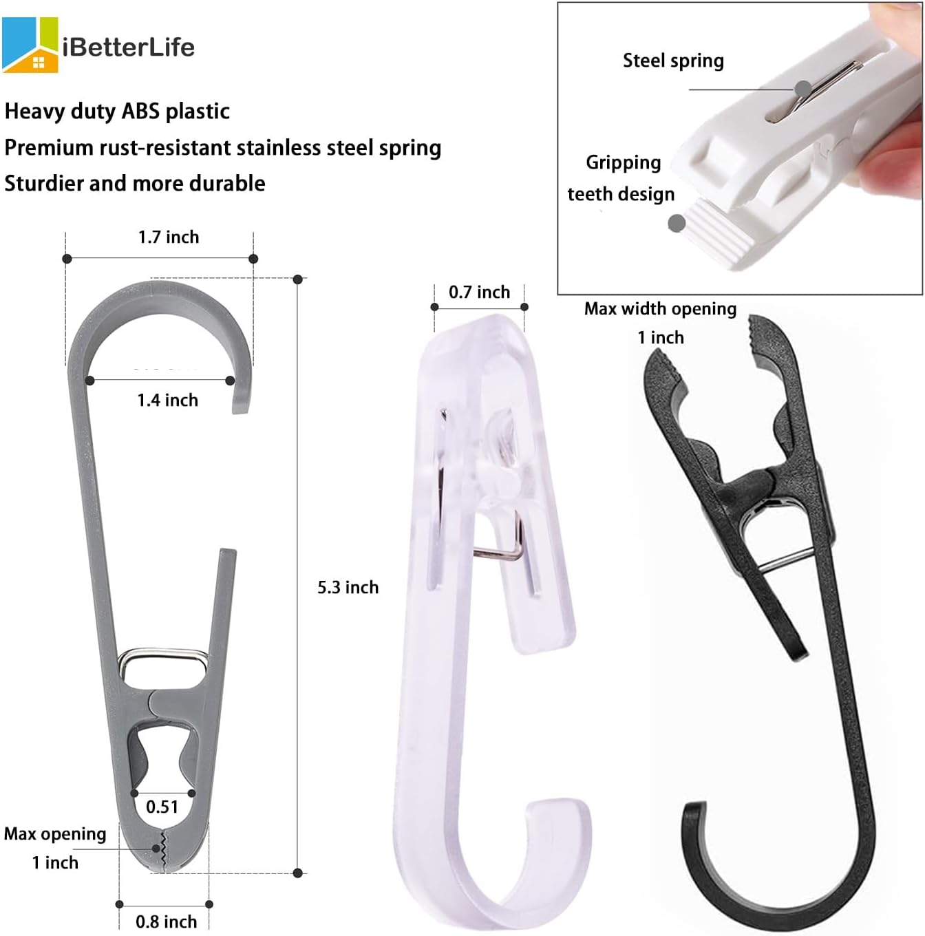 iBetterLife Alfileres de ropa resistentes para exteriores, 8 ganchos grandes para ropa sucia con clips, abrazaderas organizadoras de armario,