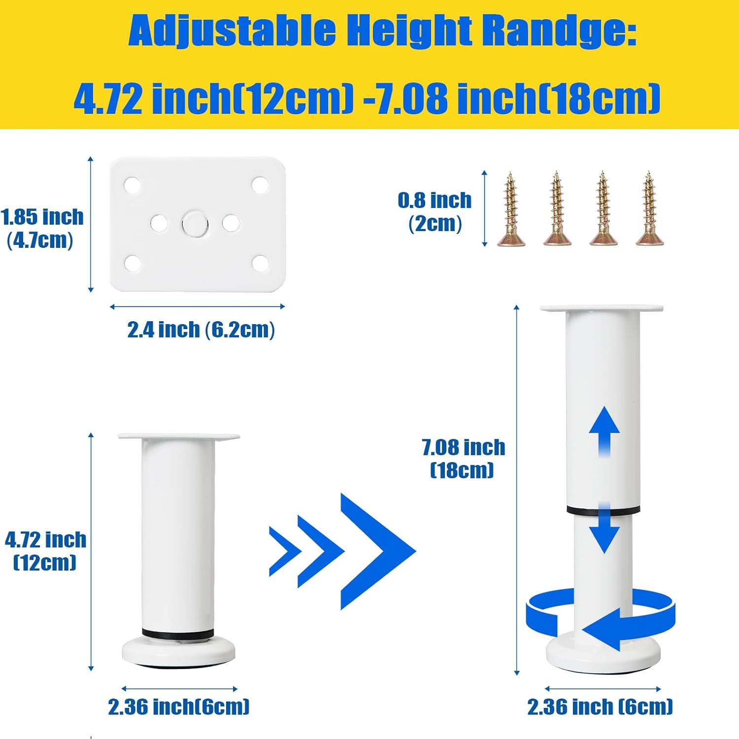 Olldag Juego de 4 patas ajustables de 4.72 a 7.48 pulgadas con 18 tornillos, patas de repuesto de altura ajustable resistentes para tocador, sofá,