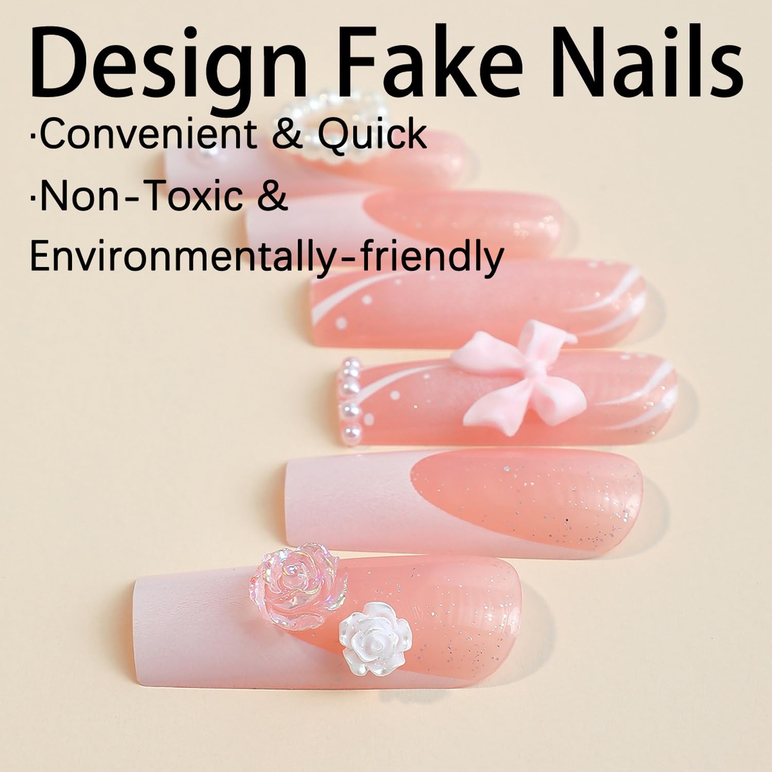 24 uñas postizas largas a presión con punta francesa con lazo de encanto, diseños de camelia, uñas adhesivas de cobertura completa, uñas adhesivas