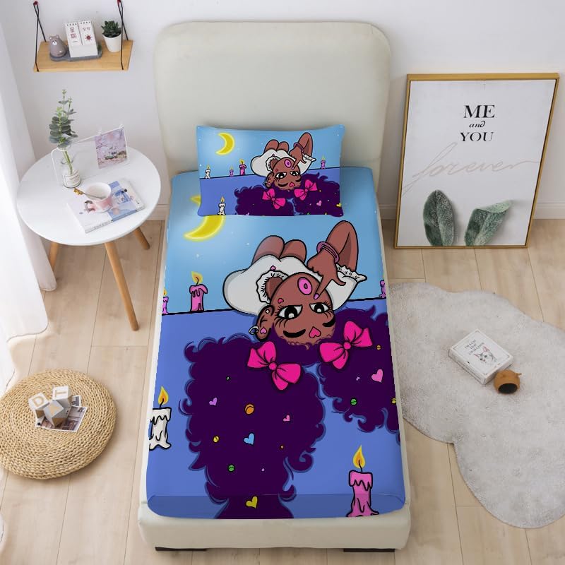 Gusuhome Juego de ropa de cama mágica de niña negra afroamericana, tamaño Queen, linda luna princesa, juego de sábanas ajustables para niños, tiara