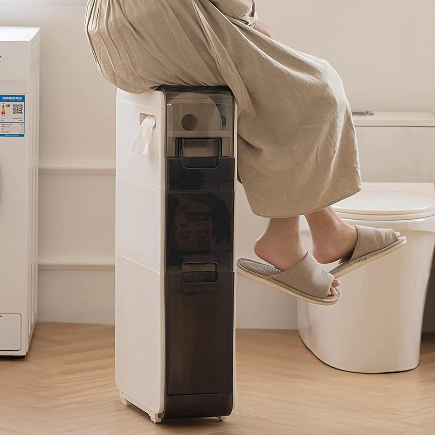 Organizador de armario de suelo de baño, soporte de papel higiénico de 4 niveles y tendencia de almacenamiento, gabinete de almacenamiento estrecho