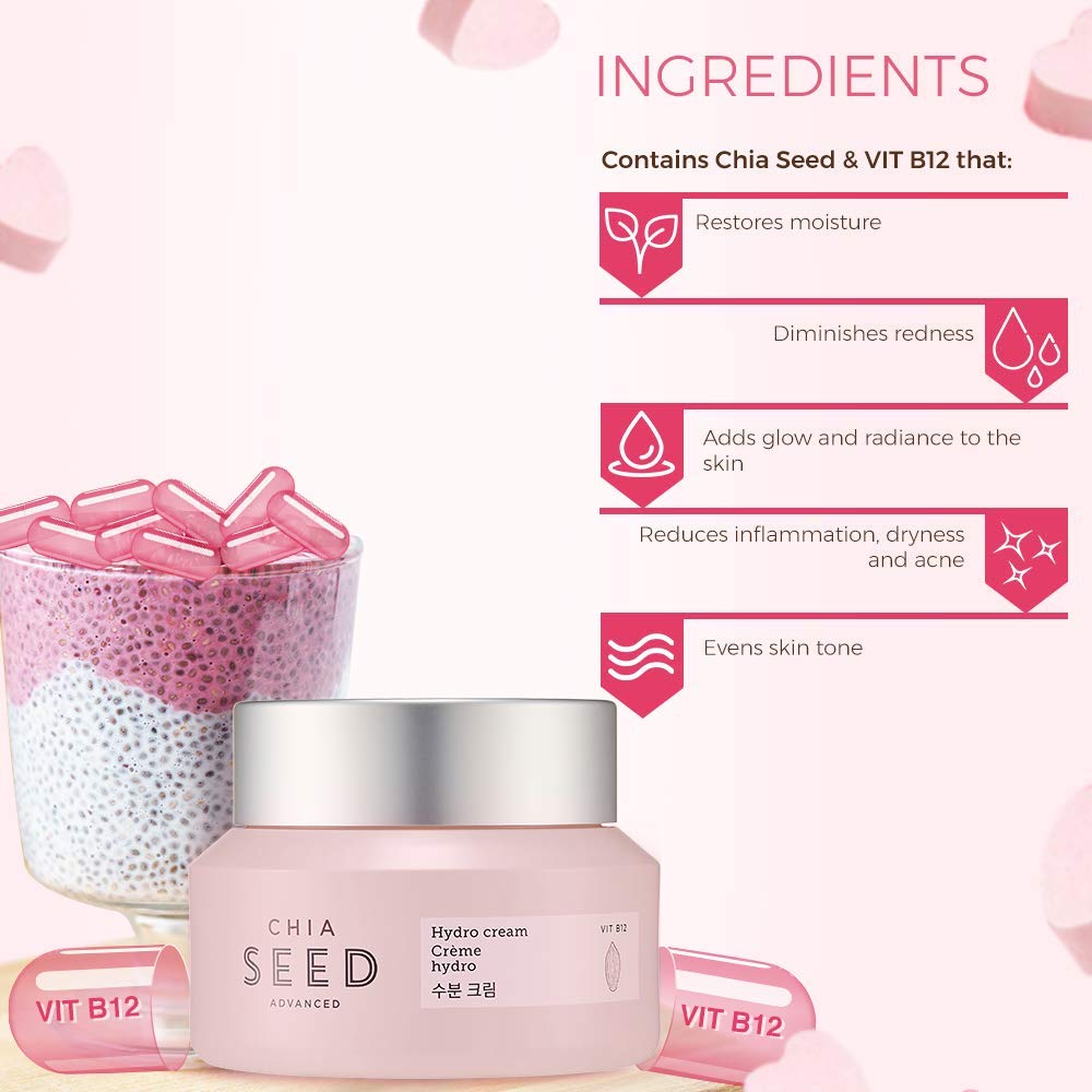 The Face Shop Chia Seed Advanced Hydro Cream  Crema hidratante concentrada tipo gel con efecto de enfriamiento instantáneo  Formulada para un
