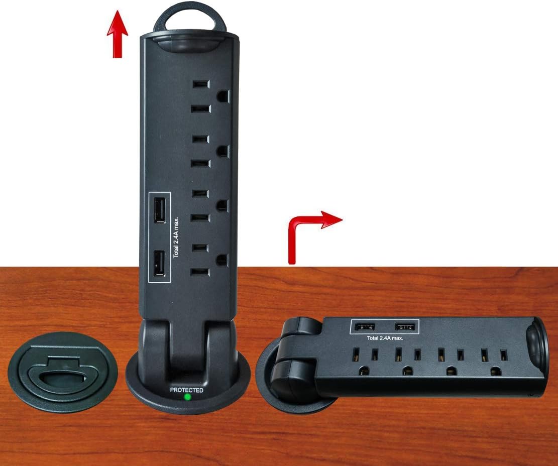 Electriduct Ojal PowerTap para escritorio con protector de sobretensiones y cargador USB de 2.4 amperios (negro)