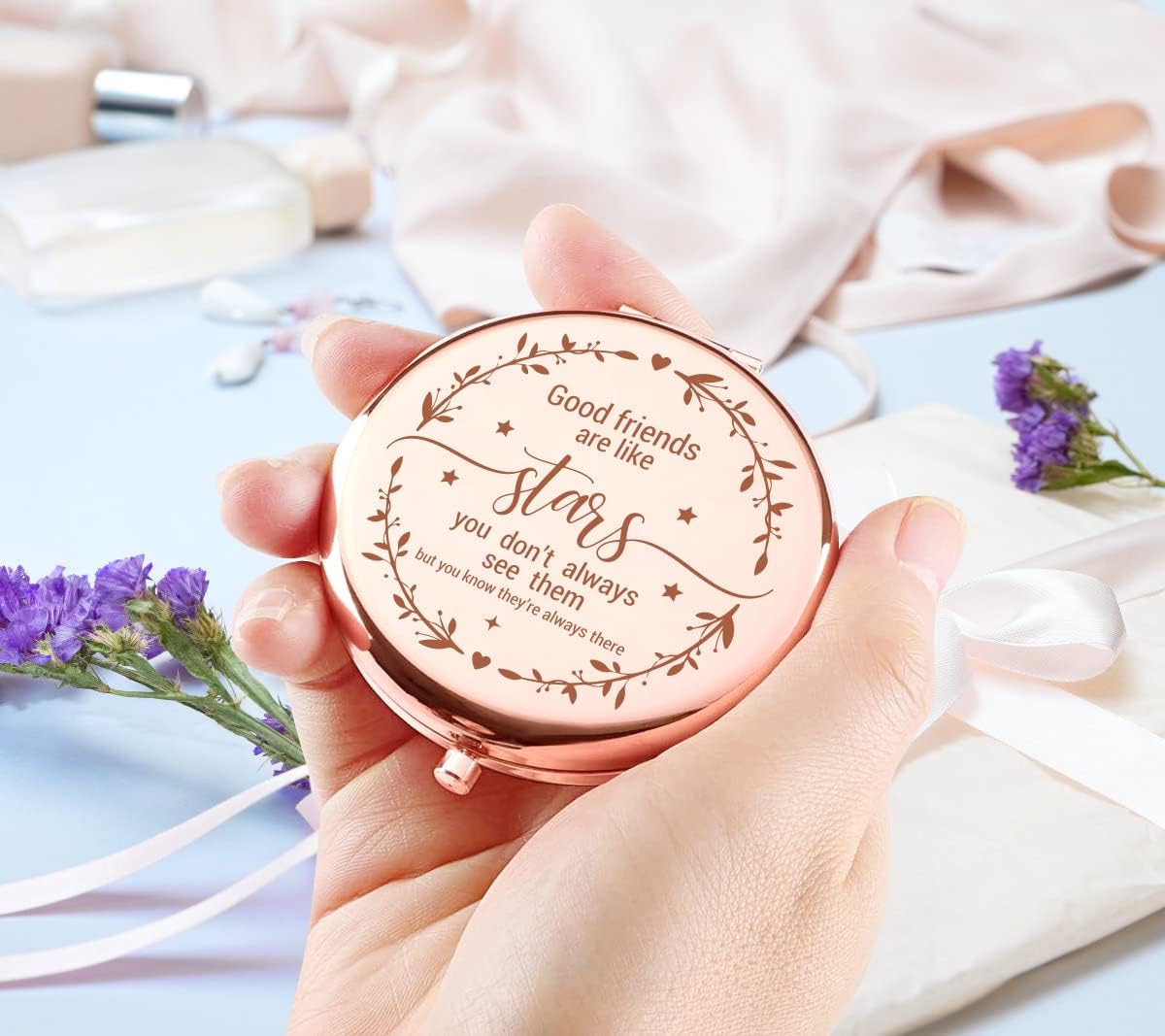 Kukeyiee Good Friends are Like Stars – Espejo de maquillaje de viaje grabado en oro rosa, espejo de maquillaje compacto para maquillaje, regalos de