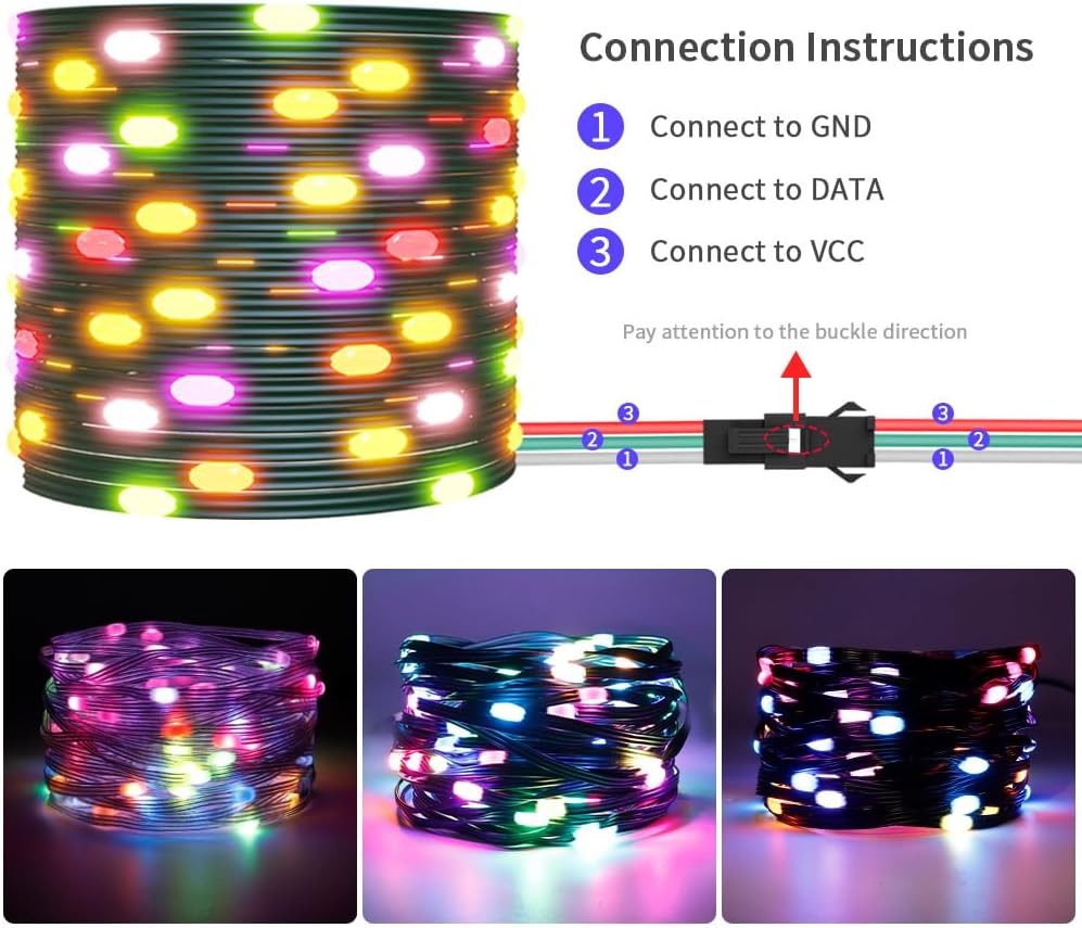 Guirnalda de luces WS2812B RGB direccionables de alambre transparente de 65.6 pies, impermeable, color de ensueño, luces de Navidad para fiestas,