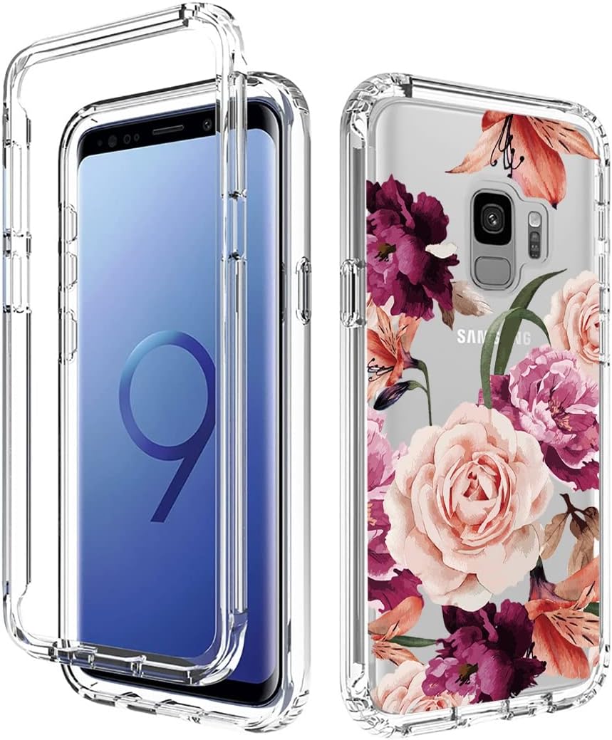 Funda para Galaxy S9, Samsung S9 SM-G960U con protector de pantalla de vidrio templado, cuerpo completo, lindo diseño floral, a prueba de golpes,