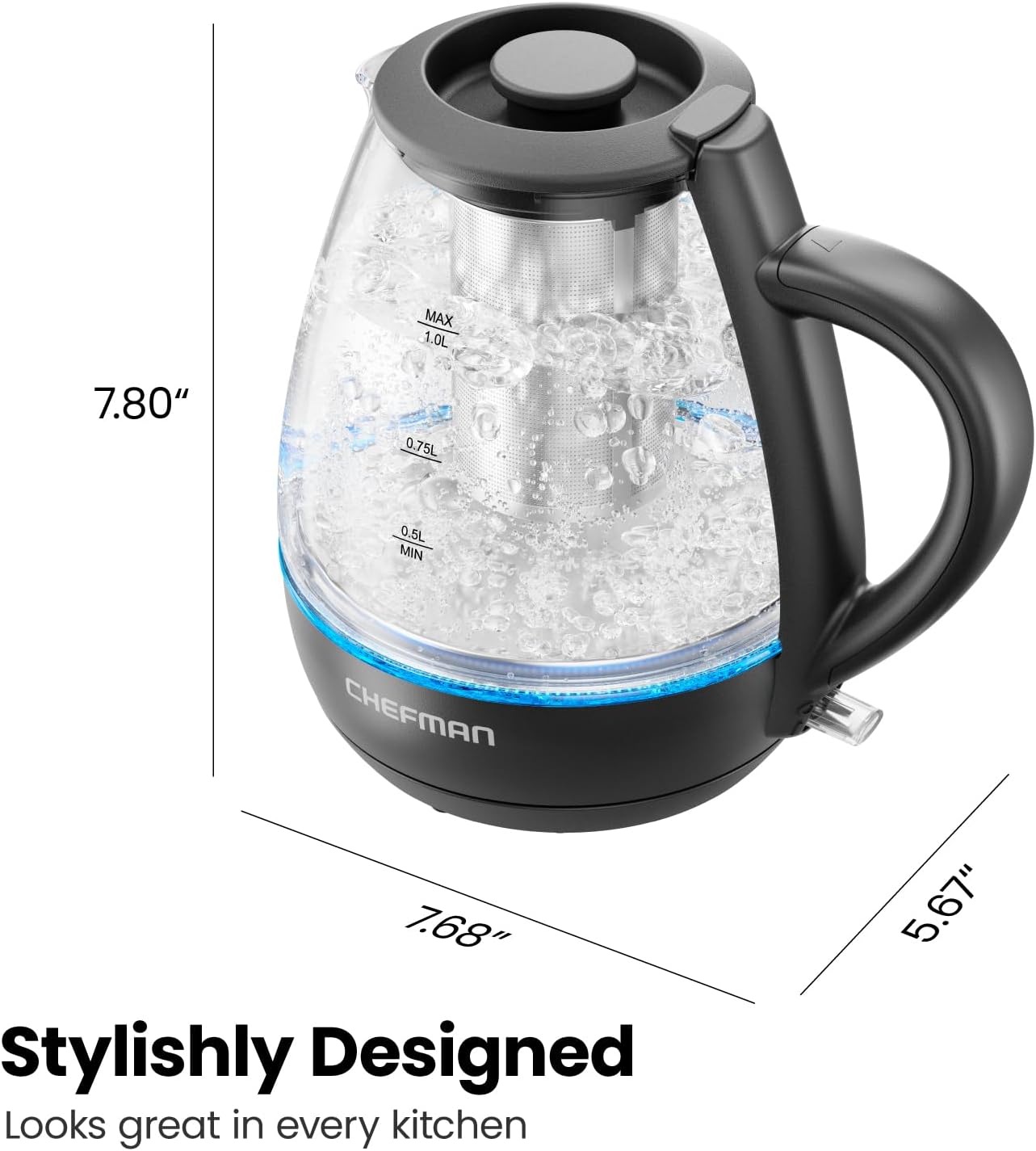 Chefman Hervidor eléctrico con infusor de té, 1 litro, 1500 W, tapa extraíble para una fácil limpieza, protección contra hervido y seco, filtro de