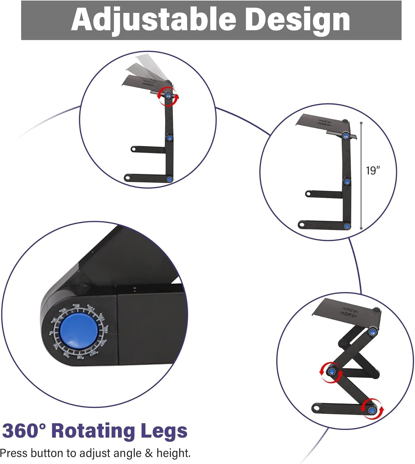 TRY & DO Soporte ajustable para laptop para sofá, cama, escritorio portátil de aluminio, escritorio ergonómico plegable para laptop con 2