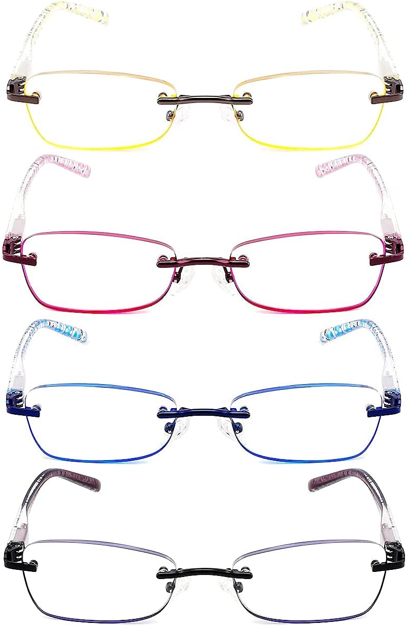 CRGATV Paquete de 4 lentes de lectura tintados sin montura para mujer, bloqueo de luz azul, elegantes lectores, antirrayos UV, fatiga