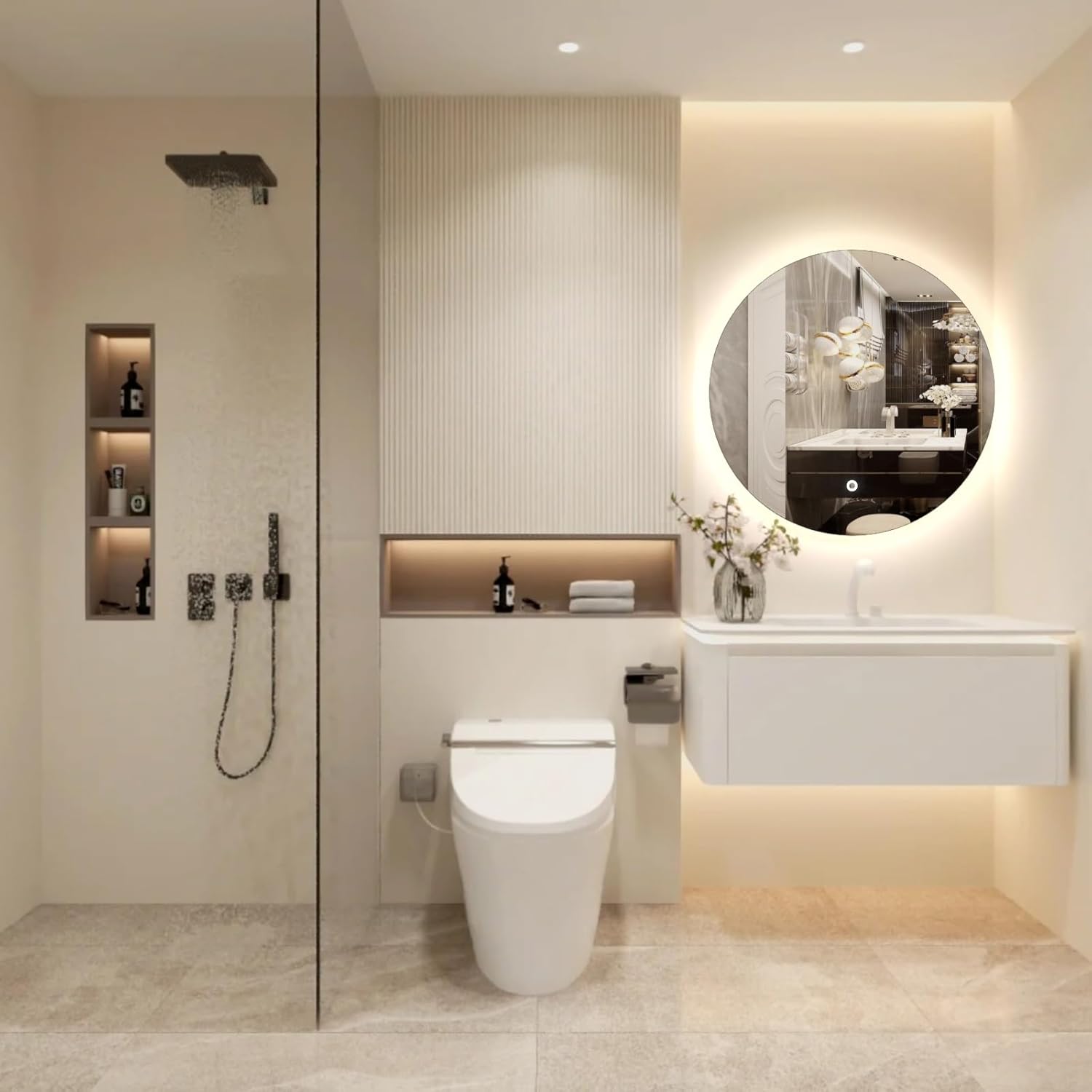 Espejo LED para baño de 24 pulgadas, retroiluminado con luces, táctil regulable inteligente, 3 modos de color, a prueba de roturas, redondo