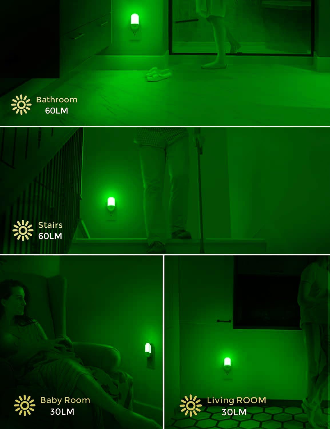 LOHAS – Luz nocturna verde enchufable, luces nocturnas LED verdes con sensor de movimiento, enchufe a la pared, brillo ajustable, brillo verde