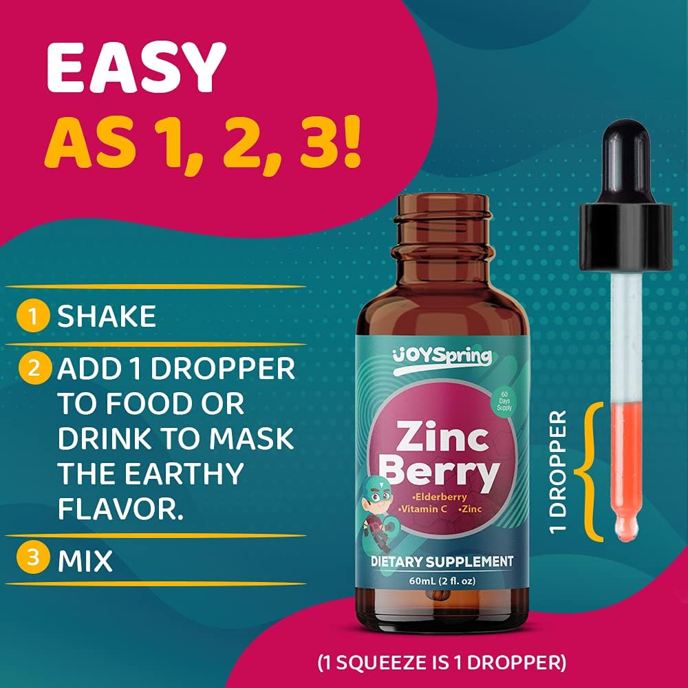 Joy Spring Zinc con suplementos de vitamina C para niños y jarabe de saúco para apoyo inmunológico de niños