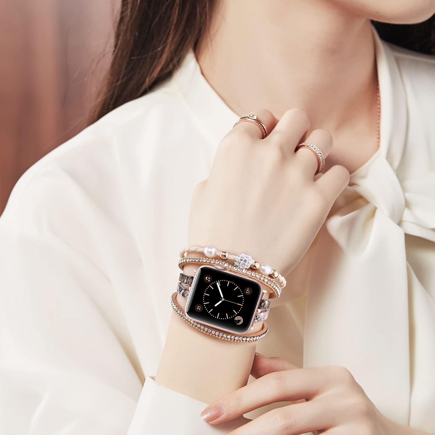 MOFREE Pulsera de cuero bohemio compatible con Apple Watch Band de 1.654 pulgadas, 1.732 pulgadas, 1.772 pulgadas, 1.772 pulgadas para mujer,