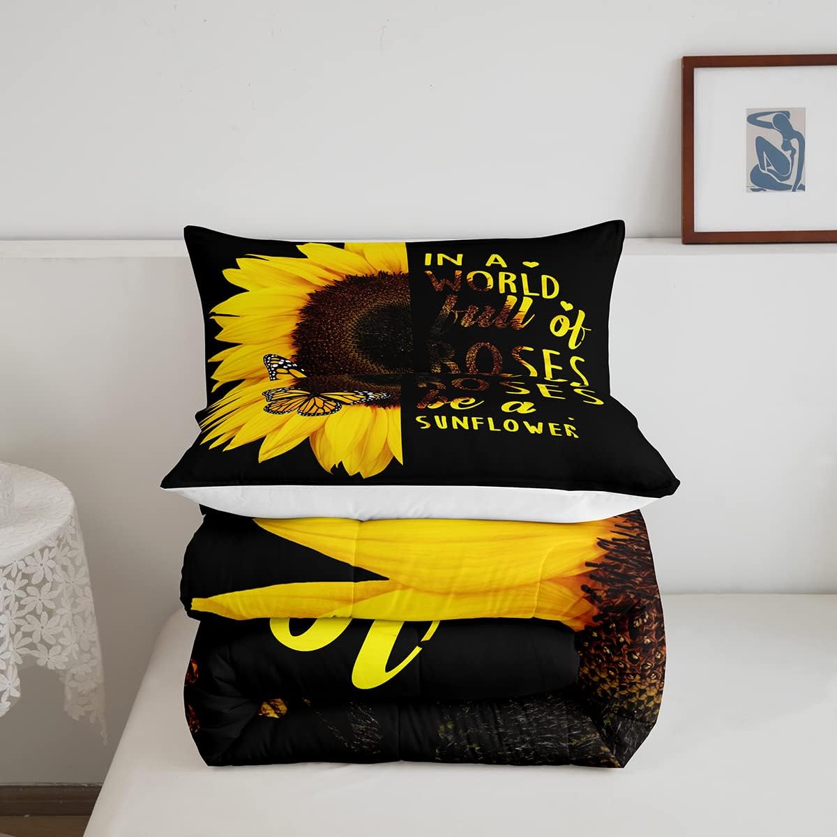Erosebridal Juego de edredón de girasoles negros tamaño Queen para niñas y mujeres, ropa de cama floral de mariposa amarilla, edredón botánico de