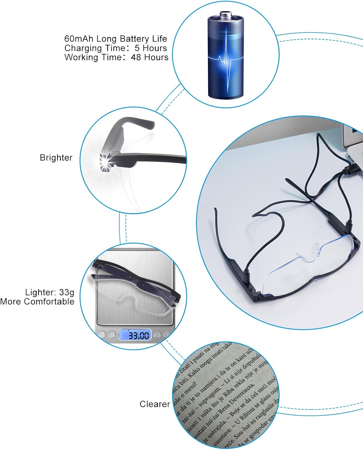 200% lupa con luz, anteojos de aumento recargables con luz LED, luz anti azul, lupa manos libres para trabajo cercano, manualidades, joyeros,