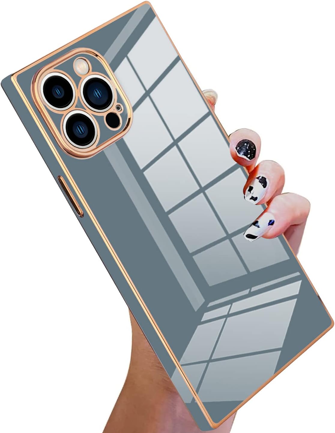 KANGHAR Funda cuadrada de lujo para iPhone 13 Pro – Parachoques de silicona de cuerpo completo galvanizado gris abuela con protección para lente de