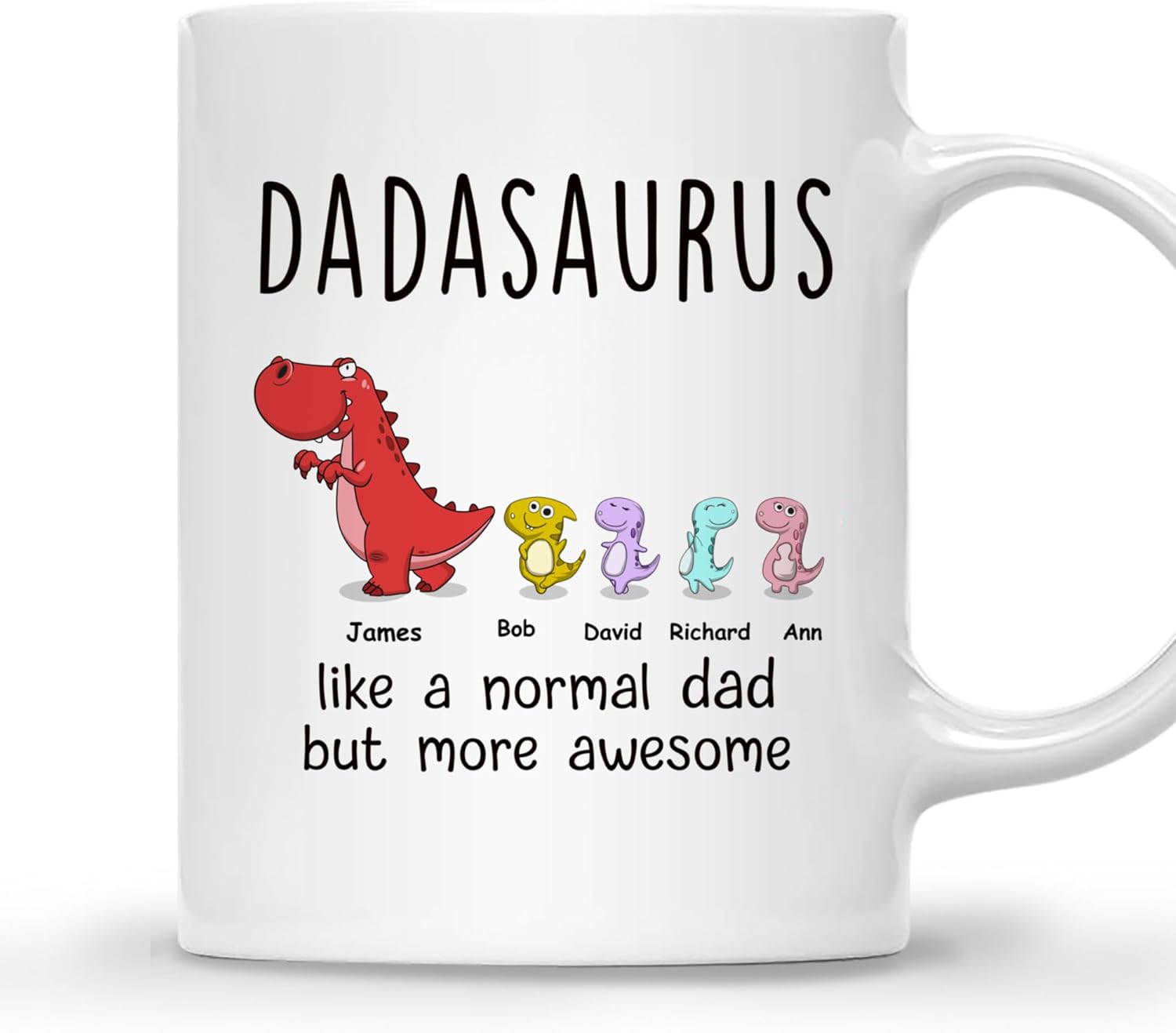 Gossby Taza personalizada DADASAURUS (4 niños)  Divertida taza de café para papá de parte de hija, hijo con avatares de dinosaurios, nombres, regalo
