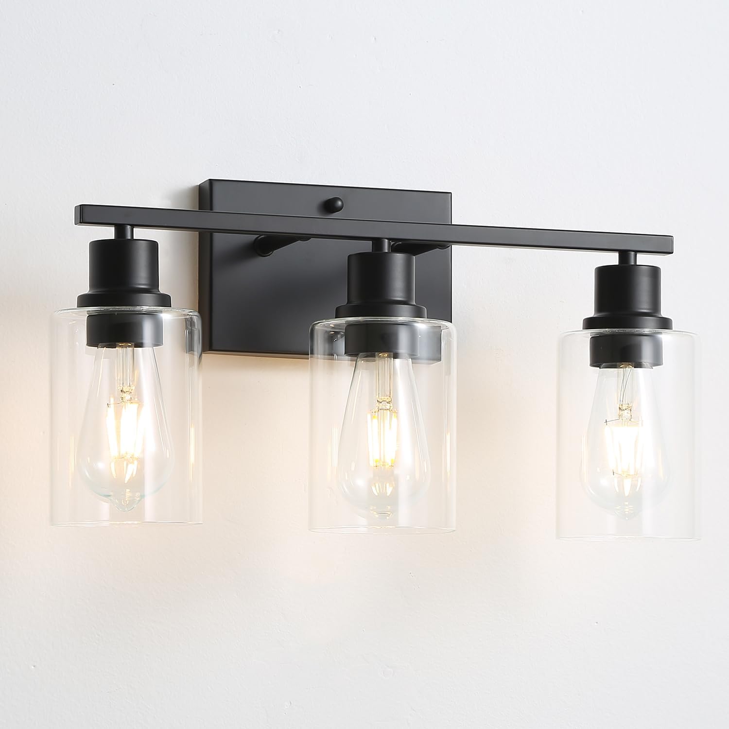 Lámparas de tocador de baño de 3 luces, apliques de pared negro mate con pantallas de vidrio transparente, iluminación de pared moderna de granja