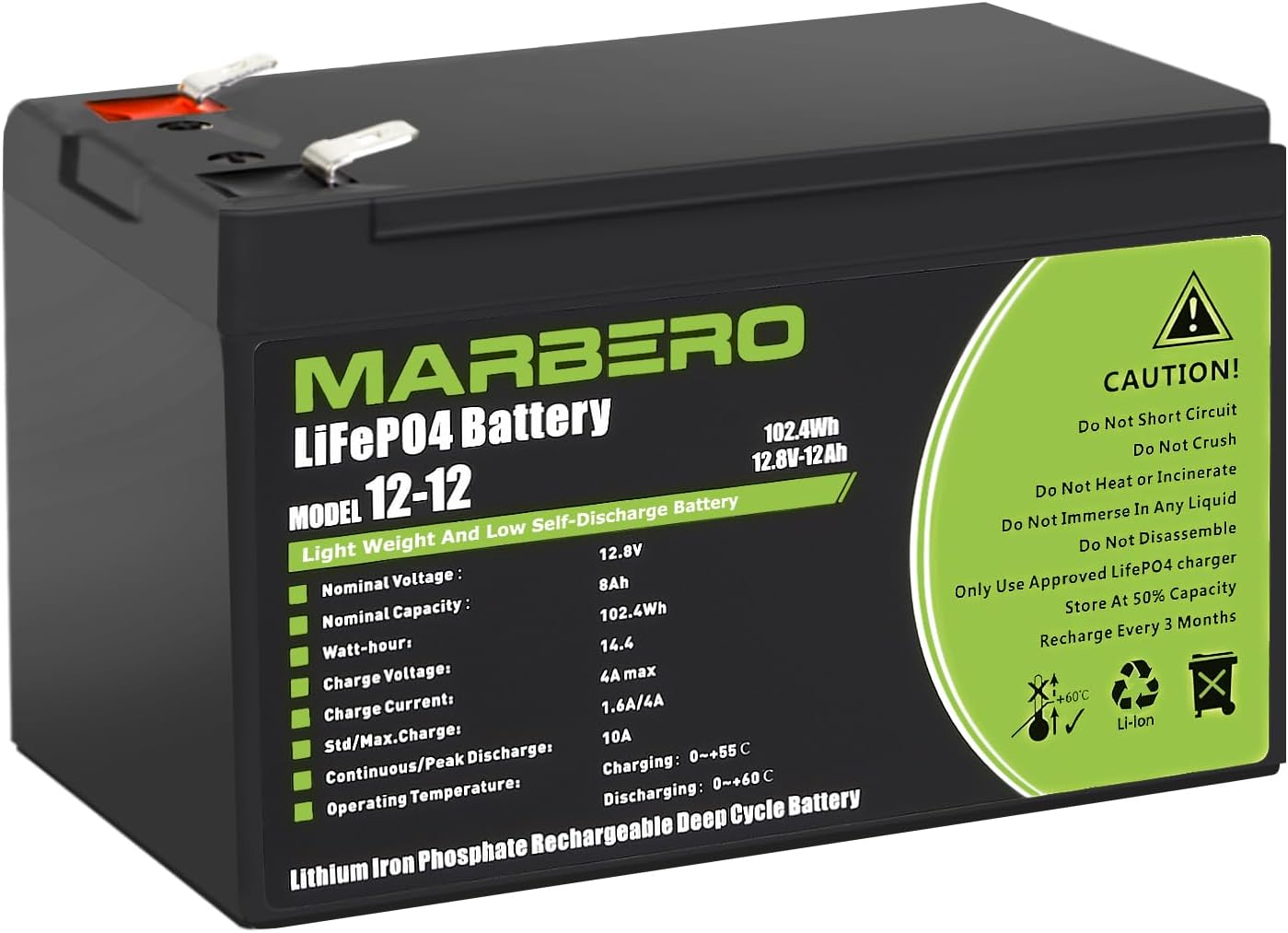 MARBERO -Batería de repuesto de iones de litio de 12V-12Ah-LiFePO4 – Batería recargable de fosfato de más de 5000 ruedas de ciclo profundo para