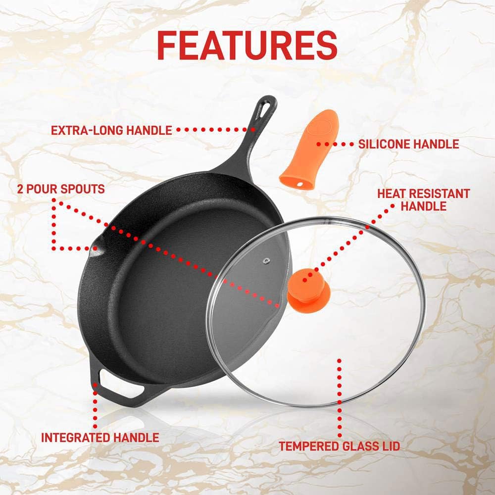 NutriChef NCCI10 – Juego de utensilios de cocina de hierro fundido antiadherente de 10 pulgadas con tapa de vidrio templado y mango de silicona para