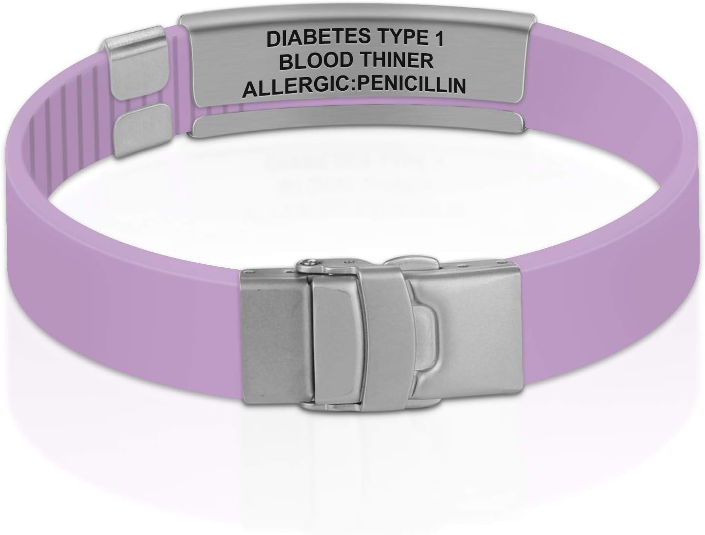 Divoti Pulsera de identificación de alerta médica de silicona grabada de doble cara personalizada con cierre de seguridad y banda de ajuste para