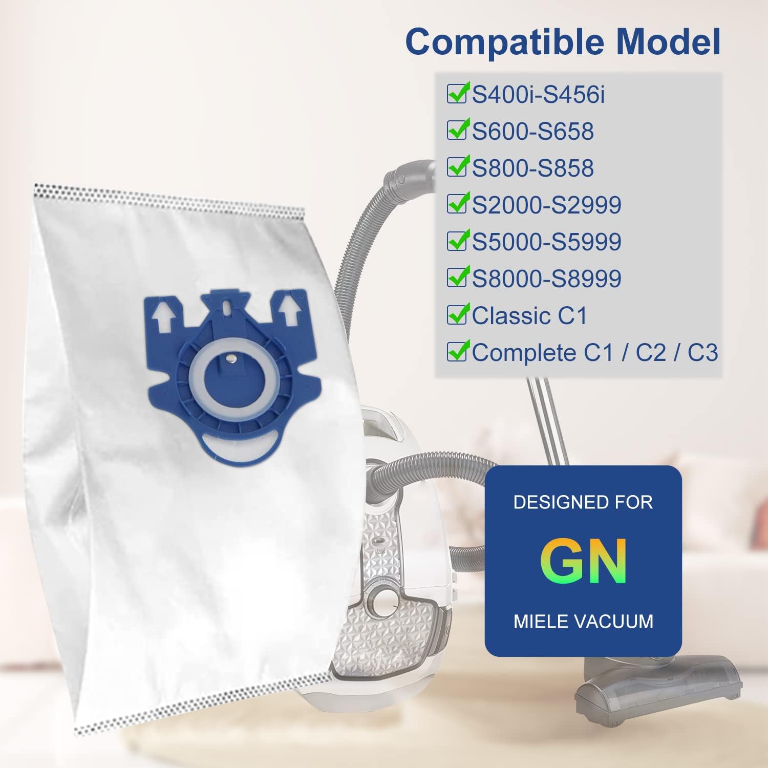 Paquete de 6 bolsas de repuesto 3D Airclean GN para bolsas de aspiradora Miele GN, Classic C1, C1 completo, C2 completo, C3, S227, S240, S270, S400,