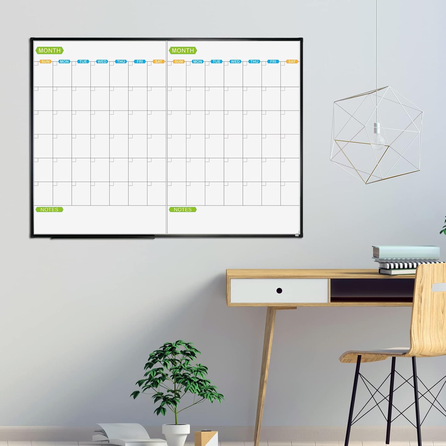 JILoffice Calendario magnético de borrado en seco, pizarra blanca de 2 meses, 48 x 36 pulgadas, marco de aluminio negro, tablero montado en la pared