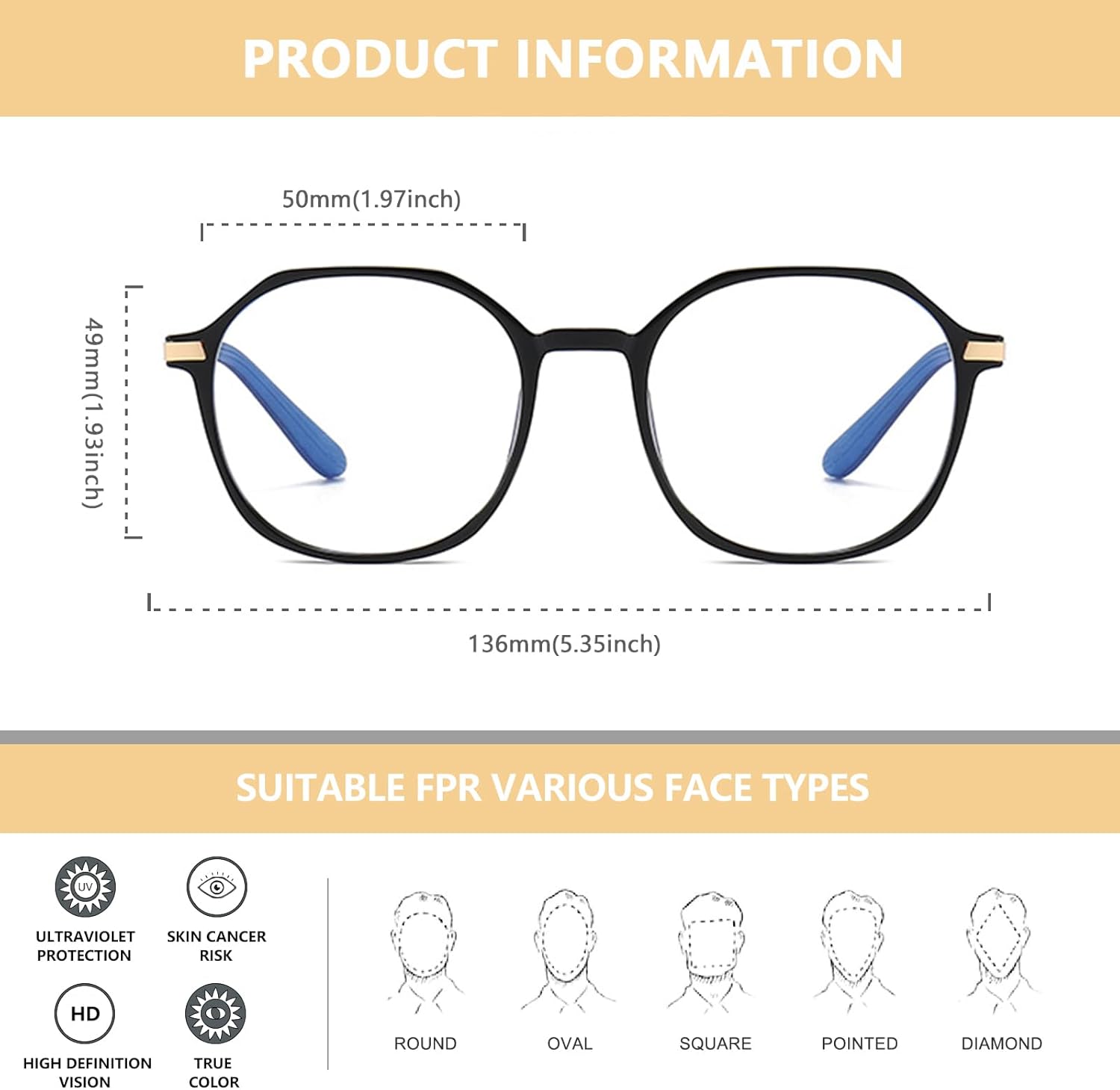 WMAO Lentes de bloqueo de luz azul, de gran tamaño, retro de los años 60, antifatiga ocular y protección UV, montura TR90