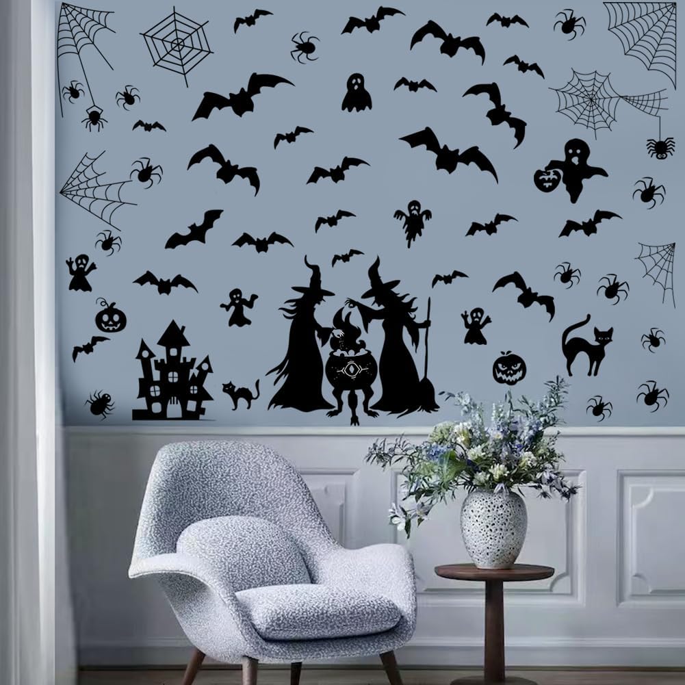 Calcomanías de pared de bruja de Halloween, calcomanía de pared de casa embrujada de Halloween, calcomanía de pared de murciélagos y luna,