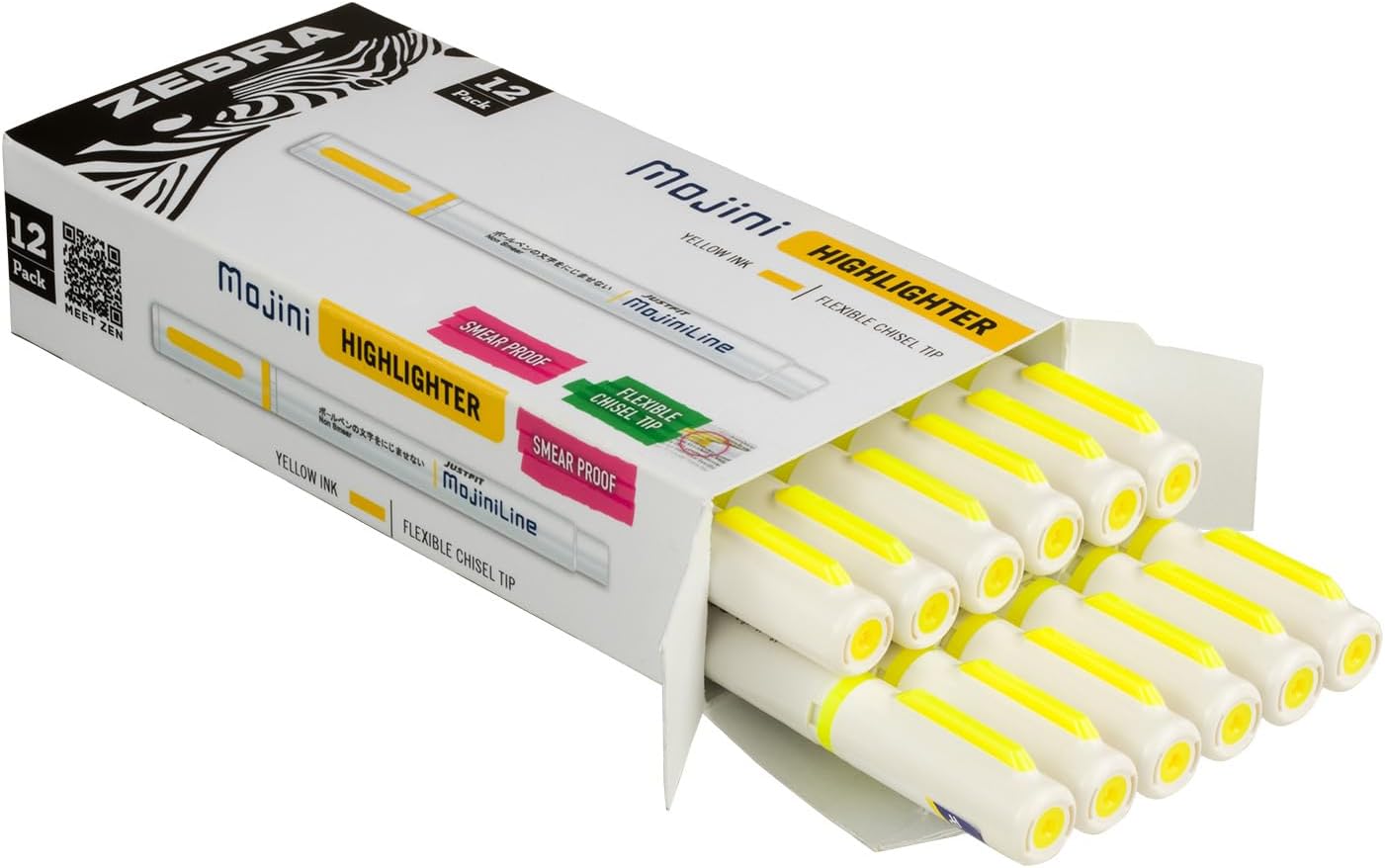 Zebra Pen Mojini 70250 – Marcador de resaltador amarillo, punta de cincel flexible, tinta amarilla, paquete de 12 unidades