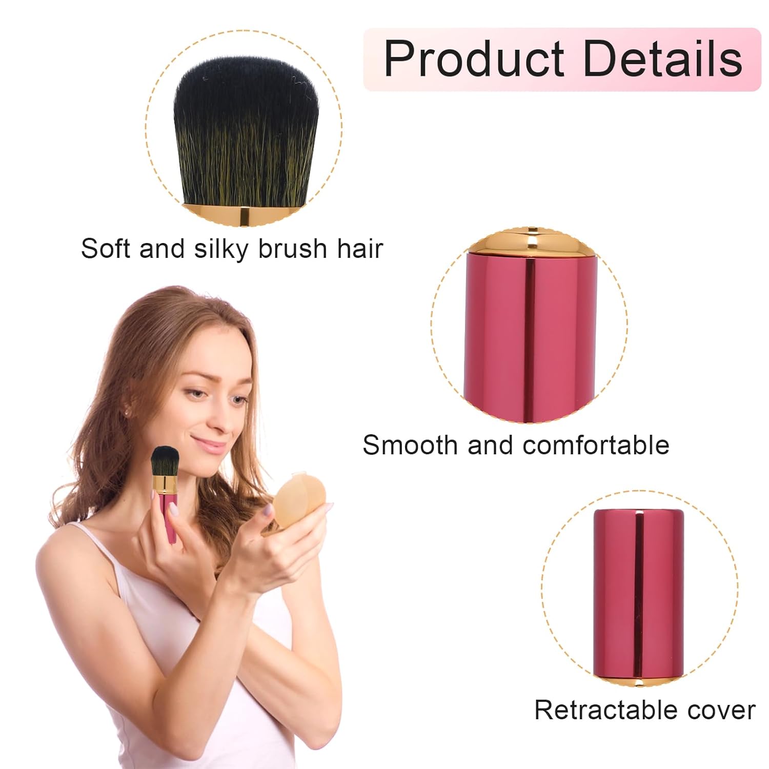 Brocha portátil para rubor, paquete de 2 brochas de maquillaje retráctiles Kabuki, brochas de maquillaje de viaje con cubierta para rubor,