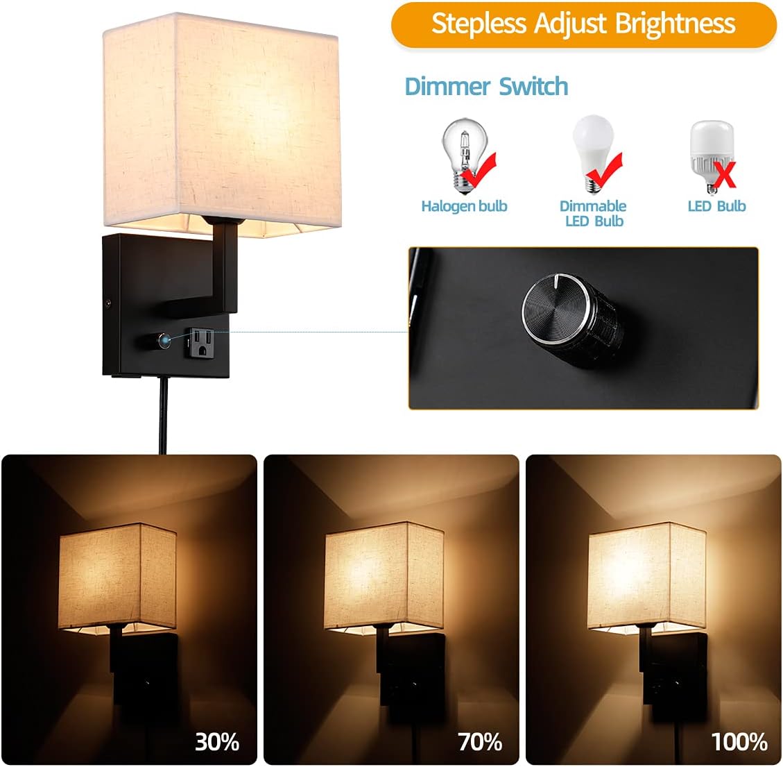 Aplique de pared enchufable, lámpara de pared de cabecera con enchufe e interruptor regulable, con puerto de carga USB y enchufe, adecuado para