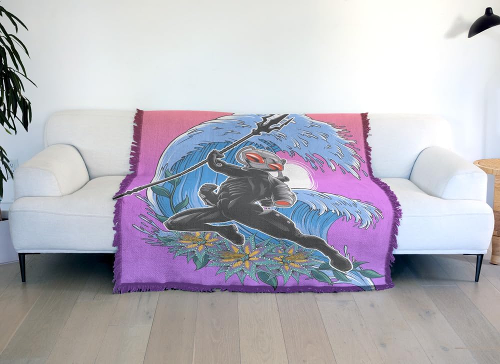 LOGOVISION Aquaman and The Lost Kingdom Blanket, 50″x60″ Black Manta Waves Woven Tapestry Cotton Blend Fringed Throw Blanket