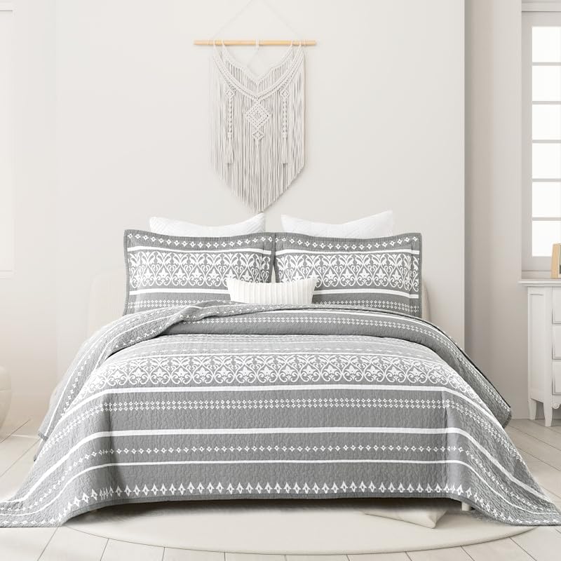 Toldlove Juego de edredón King  Juego de ropa de cama a rayas de estilo bohemio tamaño King, 100% algodón, color gris, bohemio, tamaño King, edredón