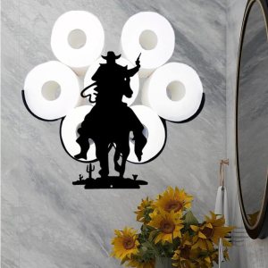 Funny Cowboy with A Gun Paper Roll Holder Montado en la pared, soportes decorativos de papel de metal negro, almacenamiento de papel higiénico para Funny Cowboy with A Gun Paper Roll Holder Montado en la pared, soportes decorativos de papel de metal negro, almacenamiento de papel higiénico para