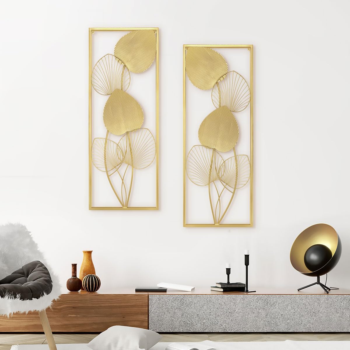 BOTAISHENG Juego de 2 hojas de metal para decoración de pared dorada para el hogar, 32 x 12 pulgadas, decoración de habitación con marco para sala