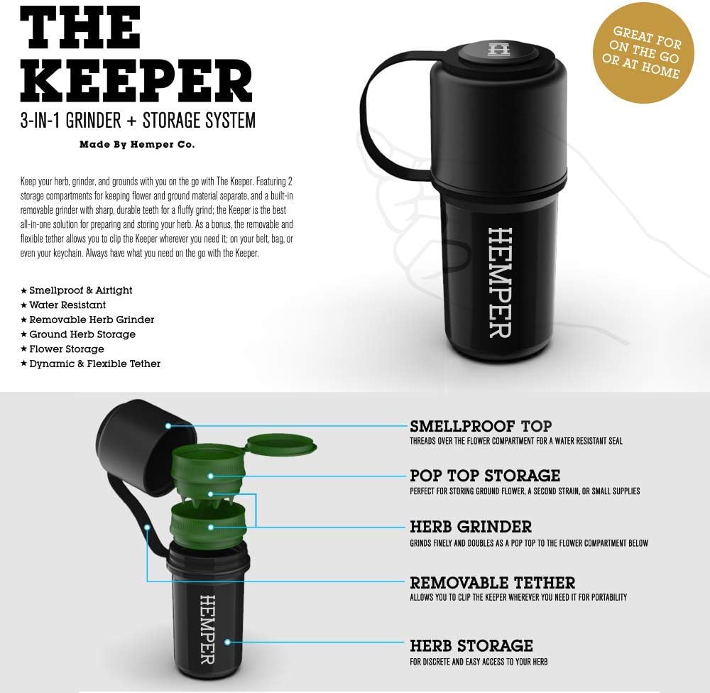 HEMPER Keeper – Molinillo 3 en 1 + sistema de almacenamiento con almacenamiento a prueba de olores con correa de sujeción lista para viajar  Ligero