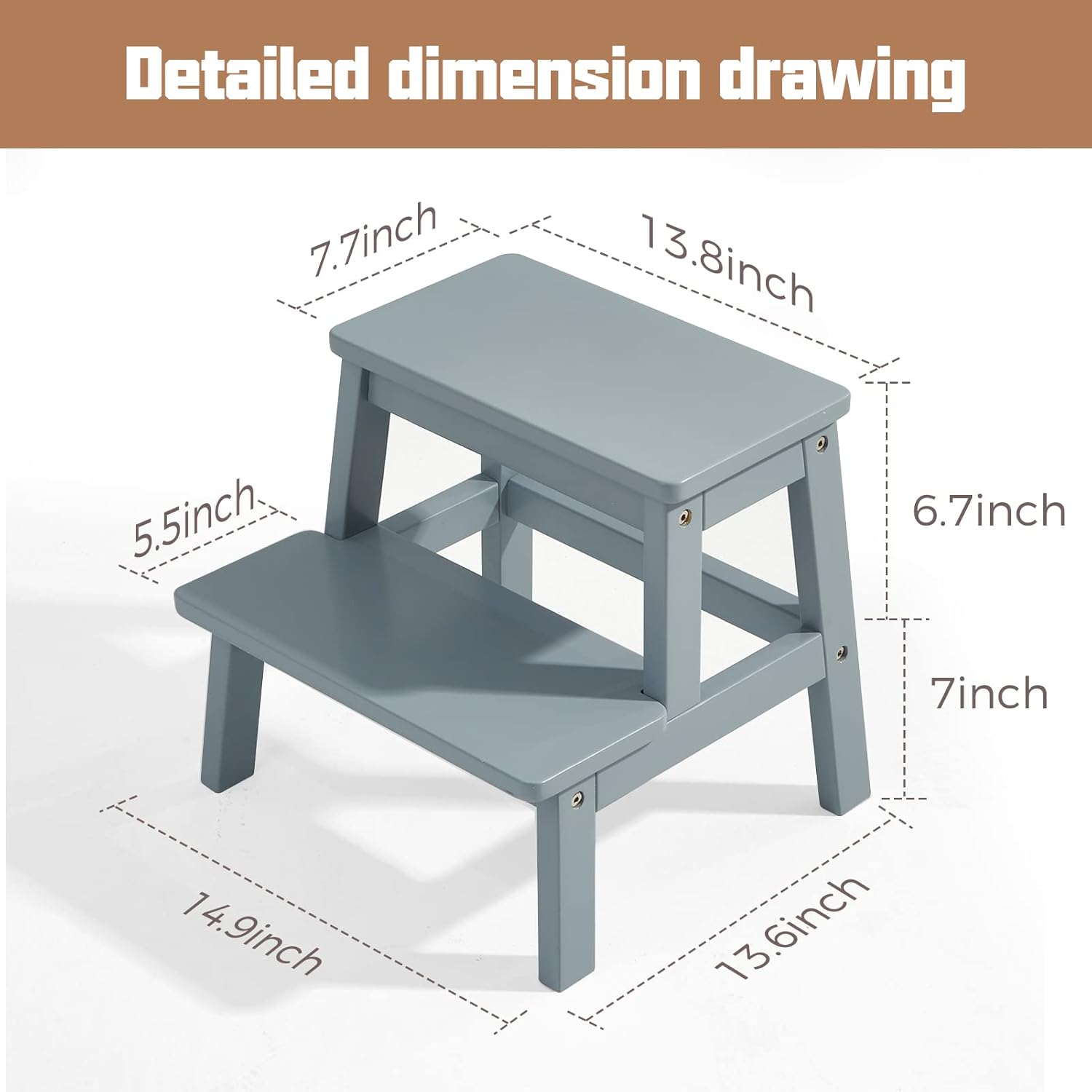 HOUCHICS Taburete de madera para adultos y niños, taburete de cama de madera maciza, taburete multiusos de 2 pasos para cocina, cama, baño (gris)